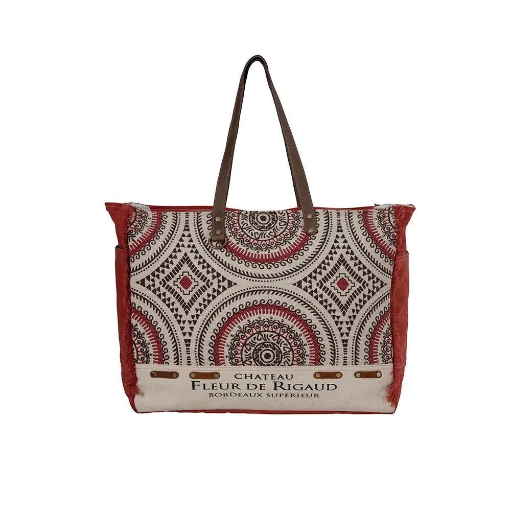 Myra Bag Handmade Fleur Rigaud Weekender Bag Upcycled Canvas & Cowhide Leather